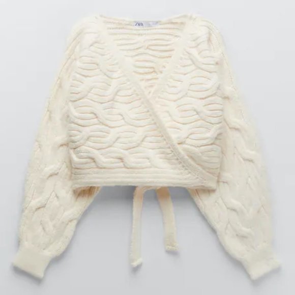 Zara Sweaters - NWT Zara Ecru Cable Knit Wrap Cardigan w/ Hem Tie